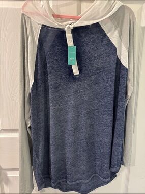 Maurices Navy Blue and White Hooded Raglan Henley Sweatshirt